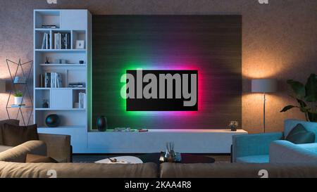 Illuminazione multicolore nel soggiorno. Rendering 3D Foto Stock