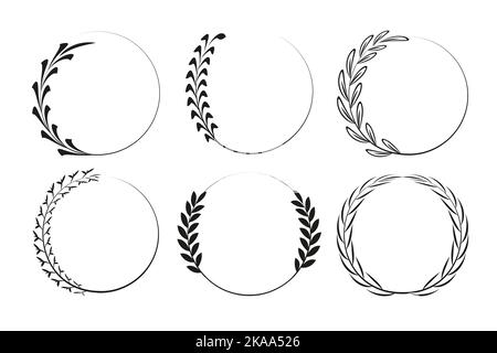 Set di 6 corone decorative disegnate a mano Black Doodle con rami, erbe, piante, foglie e fiori. Illustrazione vettoriale. Illustrazione Vettoriale