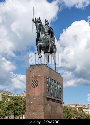 Statua del re Tomislav, Trg Kralja Tomislava aka King Tomislav Square, Zagabria, Croazia Foto Stock