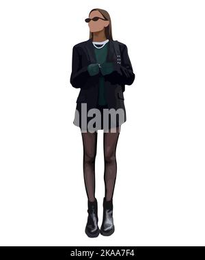 Bella ragazza in abiti eleganti. Vettore illustrazionePostcard Moda e stile, abbigliamento e accessori. Modella moda posa Illustrazione Vettoriale