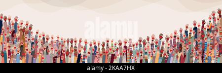 Gruppo di mani sollevate. Persone diverse che tengono un cuore. Donazione di beneficenza e volontariato. Supporto e assistenza. Multiculturale people.NGO.Aid Illustrazione Vettoriale