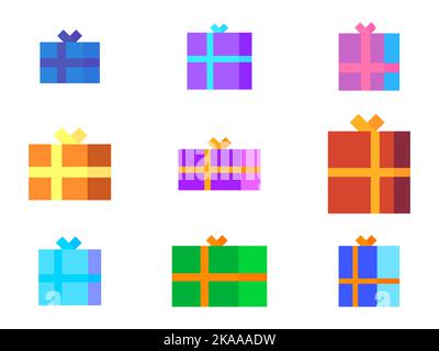 Regali di Natale set icone. Scatole regalo colorate con archi. Xmas presenta il design per biglietti d'auguri, carta da imballaggio, striscioni e materiale promozionale Illustrazione Vettoriale