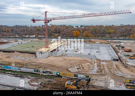 Chicago, Illinois - costruzione della biblioteca presidenziale Barack Obama a Jackson Park. Foto Stock