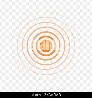 Punto concentrico arancione. Icona di localizzazione rotonda. Simbolo di mira, bersaglio, dolore, guarigione, ferita, dolore. Segnale radar, audio o onda sonar su sfondo trasparente. Illustrazione vettoriale Illustrazione Vettoriale