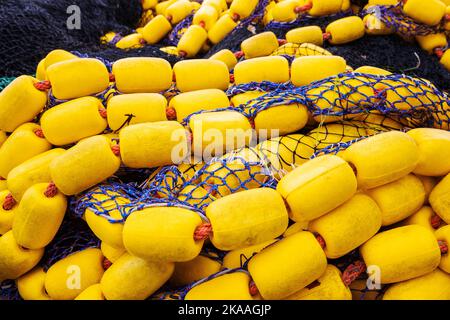 Galleggianti e galleggianti da pesca colorati. Barche da pesca commerciali e charter nel porto di Kodiak, Alaska, USA. Foto Stock