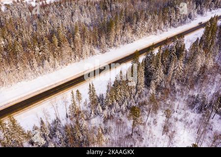 Paesaggio invernale con strada circondata da boschi innevati Foto Stock
