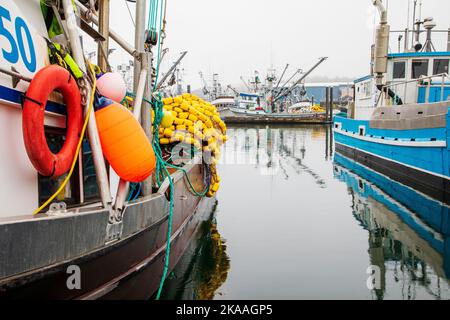 Galleggianti e galleggianti da pesca colorati. Barche da pesca commerciali e charter nel porto di Kodiak, Alaska, USA. Foto Stock