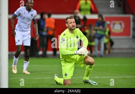 Leverkusen, Germania. 1 novembre 2022, Simon Mignolet (22) del Club Brugge, nella foto di una partita di calcio tra Bayer Leverkusen e il Club Brugge KV durante il sesto e ultimo matchday nel gruppo B della UEFA Champions League per la stagione 2022-2023 , martedì 1 novembre 2022 a Leverkusen , Germania . FOTO DAVID CATRY | SPORTPIX Foto Stock