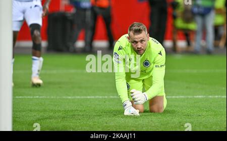 Leverkusen, Germania. 1 novembre 2022, Simon Mignolet (22) del Club Brugge, nella foto di una partita di calcio tra Bayer Leverkusen e il Club Brugge KV durante il sesto e ultimo matchday nel gruppo B della UEFA Champions League per la stagione 2022-2023 , martedì 1 novembre 2022 a Leverkusen , Germania . FOTO DAVID CATRY | SPORTPIX Foto Stock