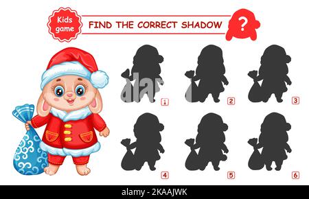 Coniglio carino in costume di Capodanno Santa, trovare corretta forma d'ombra. Partita di educazione gioco per bambini. Coniglietto di Natale con borse regalo. Vettore puzzle capretto Illustrazione Vettoriale