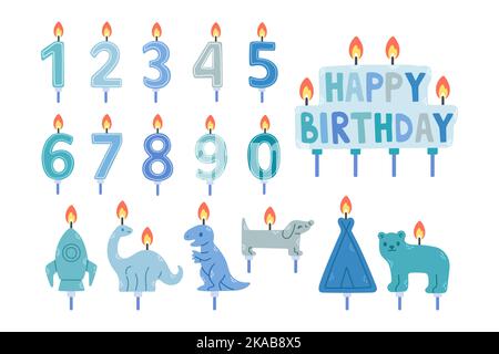 Le candele di compleanno del ragazzo si sono impostate nei colori blu, le candele di numero, le forme differenti, isolate su bianco, illustrazione del vettore EPS10 Illustrazione Vettoriale
