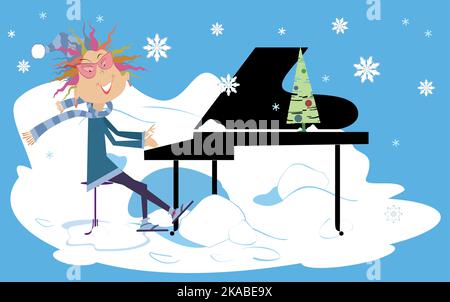 Illustrazione di concerto di pianoforte invernale. Una donna pianista sorridente suona musica sotto la neve che cade Illustrazione Vettoriale