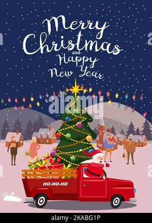 Babbo Natale guida una vecchia auto retrò, camion Illustrazione Vettoriale