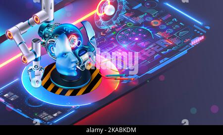 Testa del robot sul tavolo collegata al computer nel futuro laboratorio scientifico. Robot di ingegneria dello sviluppo, intelligenza artificiale cyborg. Computer Illustrazione Vettoriale