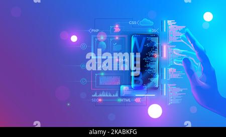 progettazione ui ux per app per telefono cellulare. Illustrazione concettuale di Web sviluppare sito internet. Creazione del software dell'applicazione per smartphone. Web design di Illustrazione Vettoriale