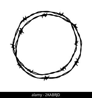 Telaio circolare a filo spinato. Illustrazione vettoriale disegnata a mano nello stile di schizzo. Elemento di progettazione per i concetti di esercito, sicurezza, prigione, schiavitù Illustrazione Vettoriale