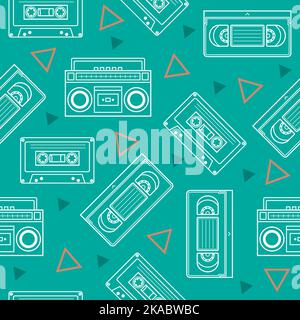 Motivo senza cuciture con lettore boombox retro, audiocassette e videocassette, stile anni '80. Illustrazione Vettoriale