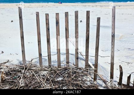 recinzione per la protezione delle dune presso la bella spiaggia naturale danneggiato dal vento Foto Stock