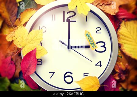 FOTOMONTAGE, Uhr auf Herbstblättern, Symbolfoto für die Rückstellung auf Winterzeit Foto Stock