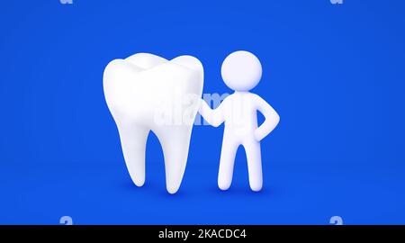 3d uomo cartoon bianco che tiene il dente grande. Concetto di odontoiatria. Sfondo blu isolato. Illustrazione vettoriale Illustrazione Vettoriale