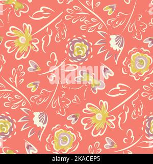 Fiore surreale selvaggio prato. Farfalla, cuore senza cuciture motivo vettore sfondo. Fiori sparsi, farfalle, cuori di colore tropicale sfondo.Bright Illustrazione Vettoriale