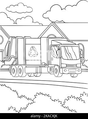 Pagina per la colorazione dei camion dei rifiuti per i bambini Illustrazione Vettoriale