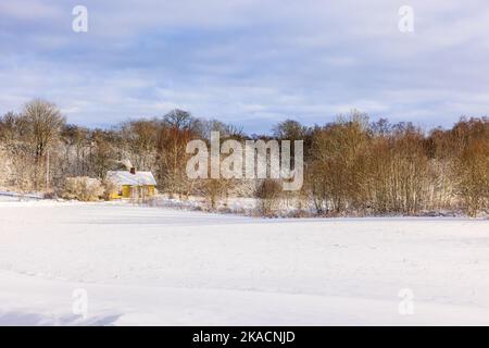 Piccolo cottage in una fredda giornata invernale vicino a una foresta Foto Stock