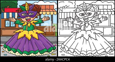 Mardi Gras Jester Girl colorazione pagina Illustrazione Illustrazione Vettoriale