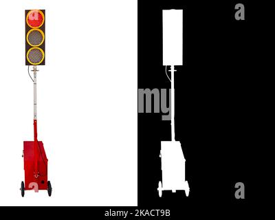 Semaforo portatile alimentato a batterie e con azionamento manuale o automatico isolato su sfondo bianco con spazio per testo e maschera di ritaglio e p Foto Stock