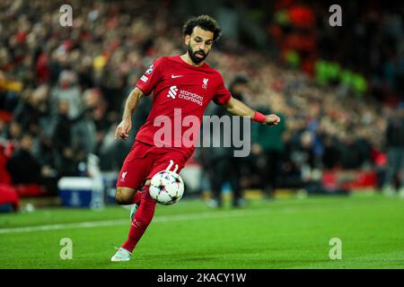 Liverpool, Regno Unito. 01st Nov 2022. Mohamed Salah di Liverpool durante la partita della UEFA Champions League tra Liverpool e Napoli ad Anfield, Liverpool, Inghilterra, il 1 novembre 2022. Foto di ben Wright. Solo per uso editoriale, licenza richiesta per uso commerciale. Non è utilizzabile nelle scommesse, nei giochi o nelle pubblicazioni di un singolo club/campionato/giocatore. Credit: UK Sports Pics Ltd/Alamy Live News Foto Stock