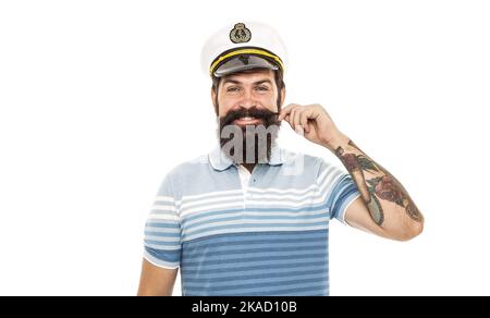 Nato per giocare con tempeste e venti. Capitano di mare isolato su bianco. Buon capitano twirl baffi. Capitano comandante della nave. Uomo barbuto in capitano uni Foto Stock