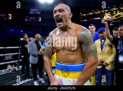 Foto del file datata 20-08-2022 di Oleksandr Usyk. Oleksandr Usyk ha insistito che combatterà solo Tyson Fury e ha invitato il campione mondiale dei pesi massimi “imprevedibile” ad accettare un incontro durante la prima parte del 2023. L'ucraino è stato l'ultimo anello in agosto, quando ha mantenuto le sue cinture WBA, IBF e WBO dopo una vittoria a decisioni separate su Anthony Joshua in Jeddah. Data di emissione: Mercoledì 2 novembre 2022. Foto Stock