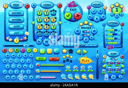 Interfaccia di gioco subacquea oceano, elementi grafici cartoon SEA, risorsa di gioco Vector UI. Pulsanti di opzione del menu del gioco subacqueo e controlli arcade sottomarini, frecce di navigazione, console grafiche e risorse di gioco utente Illustrazione Vettoriale