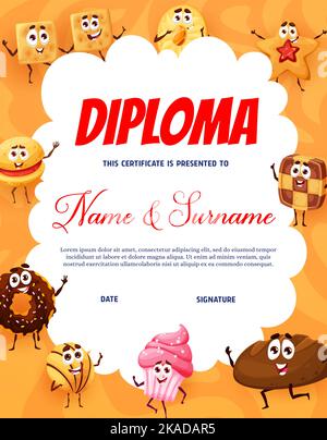 Bambini diploma di panetteria, pasticceria, torte e biscotti personages. Cartoni animati scuola vettoriale o asilo certificato con personaggi divertenti donut, muffin, shortbread, pane di segale e cracker dolci Illustrazione Vettoriale