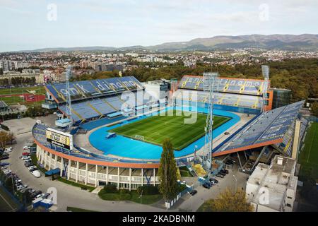 Foto aerea dello stadio Maksimir, sede del GNK Dinamo Zagreb, il 20 ottobre 2022 a Zagabria, Croazia. Foto: Luka Stanzl/PIXSELL Foto Stock