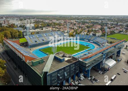 Foto aerea dello stadio Maksimir, sede del GNK Dinamo Zagreb, il 20 ottobre 2022 a Zagabria, Croazia. Foto: Luka Stanzl/PIXSELL Foto Stock