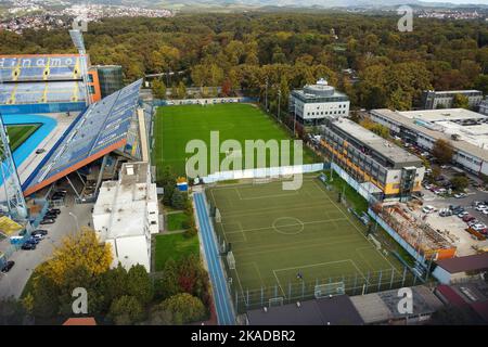 Foto aerea dello stadio Maksimir, sede del GNK Dinamo Zagreb, il 20 ottobre 2022 a Zagabria, Croazia. Foto: Luka Stanzl/PIXSELL Foto Stock