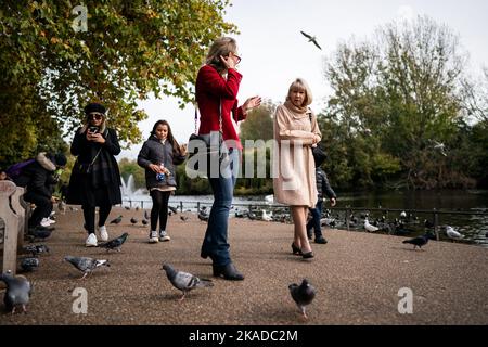 Persone a St James's Park, Londra. Il tempo umido e ventoso batterà parti del Regno Unito come novembre continua il suo inizio blustery. Data immagine: Mercoledì 2 novembre 2022. Foto Stock