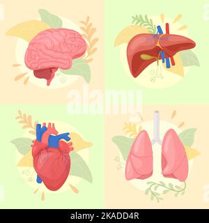 Organi umani piatti 2x2 Set di composizioni quadrate con elementi floreali e arti colorate illustrazioni vettoriali di organi interni Illustrazione Vettoriale