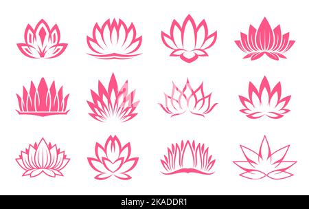 Icone rosa di loto. Relax e benessere fiore semplice simbolo o segno, cultura asiatica e filosofia pianta del giglio minimalista emblema vettoriale o pittogramma. Religione buddismo icona grafica floreale Illustrazione Vettoriale