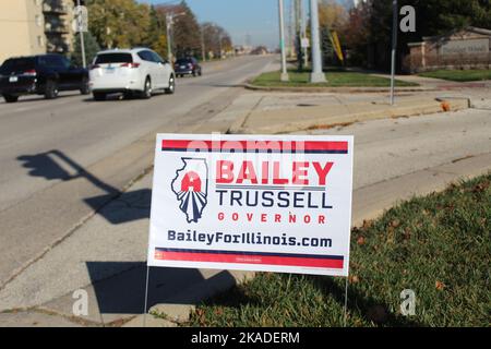 Darren Bailey Stephanie Trussell cartello prato su un dritto occupato a Morton Grove, Illinois Foto Stock