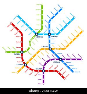 Metropolitana, mappa dei trasporti urbani della metropolitana, schema delle linee metropolitane vettoriali. Metro o metro e rete di trasporto pubblico con stazioni di collegamento treno, autobus o tram Illustrazione Vettoriale