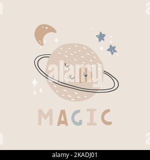 Carino cartoni animati Bohemian vivaio poster. Boho stampa vettoriale per arredamento da parete in camera per bambini. Personaggi carini pianeta e mano disegnata virgoletta Illustrazione Vettoriale