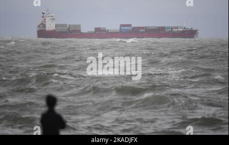 ZHUHAI, 2 novembre 2022 (Xinhua) -- Un pescatore guarda come ormeggi di navi a Zhuhai, provincia del Guangdong della Cina meridionale, 2 novembre 2022. Typhoon Nalghe, il tifone 22nd di quest'anno, ha declinato l'intensità dal martedì notte. Alcune zone del Guangdong hanno sperimentato piogge o forti venti a causa della tempesta tropicale il mercoledì. (Xinhua/Deng Hua) Foto Stock