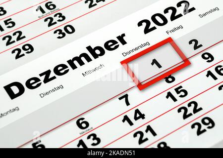 Calendario tedesco 2022 dicembre 1 e Lunedi Martedì Mercoledì Giovedi Venerdì Sabato primo piano Foto Stock