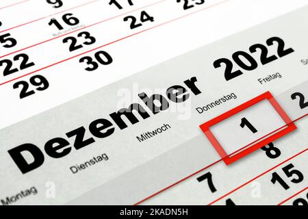 Calendario tedesco 2022 dicembre 1 e Lunedi Martedì Mercoledì Giovedi Venerdì Sabato primo piano Foto Stock