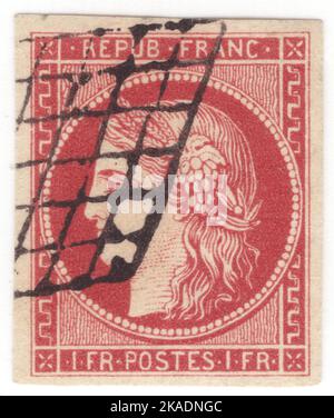 FRANCIA - 1849: Un francobollo da 1 franco di carminio leggero raffigurante Ceres — Dea dell'agricoltura, della fertilità, dei cereali, del raccolto, della maternità, la terra, e coltivò raccolti Foto Stock