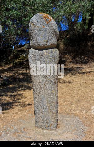 Primo piano di un menhir con un volto umano intagliato nel sito megalitico di Filitosa (Corse-du-Sud) sulle isole della Corsica, Francia Foto Stock