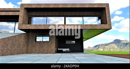 Design esclusivo del balcone di un'elegante tenuta di campagna fatta di vecchi mattoni naturali in una zona montuosa ecologicamente pulita. rendering 3d. Foto Stock