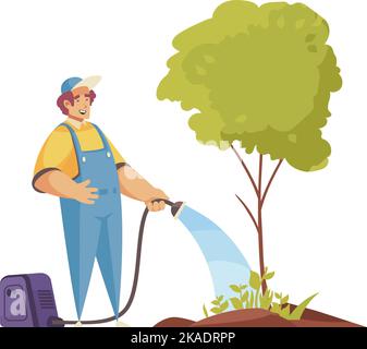 Composizione del giardiniere con il carattere del doodle dell'albero di irrigazione del giardiniere maschio con illustrazione vettoriale del tubo dell'acqua Illustrazione Vettoriale